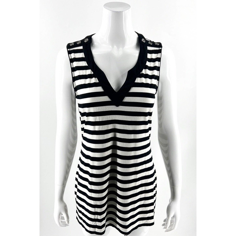 White House Black Market Tunic Top Sz M Striped Split V Neck Sleeveless Stretch